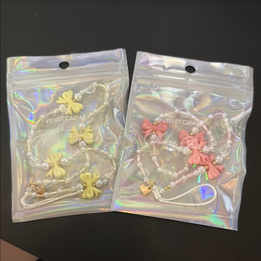 Velvet Caviar Bow Phone Charms - Pink and Yellow